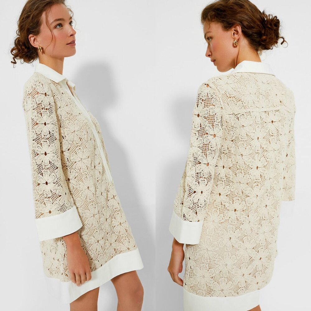 Tuckernuck NEW Tan Crochet Collier Collared Coastal Mini Dress Size S - Picture 2 of 10